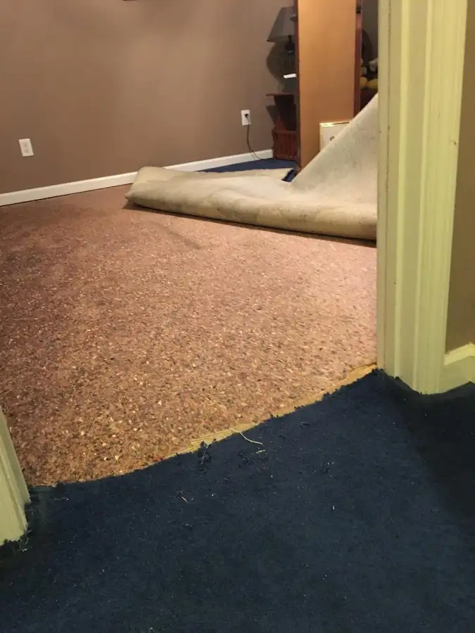 Carpet pad removal revealing water damage during Drying & Dehumidification in Lee